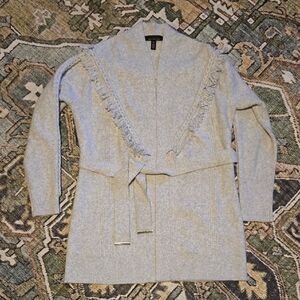 White House Black Market WHBM Light Gray Fringed Tie Waist Cardigan Size XS